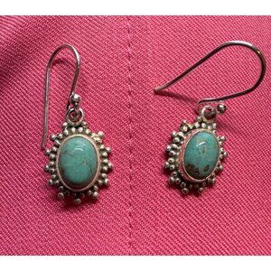 Tiny Turquoise & Sterling Silver Dangle Earrings Sunburst Design